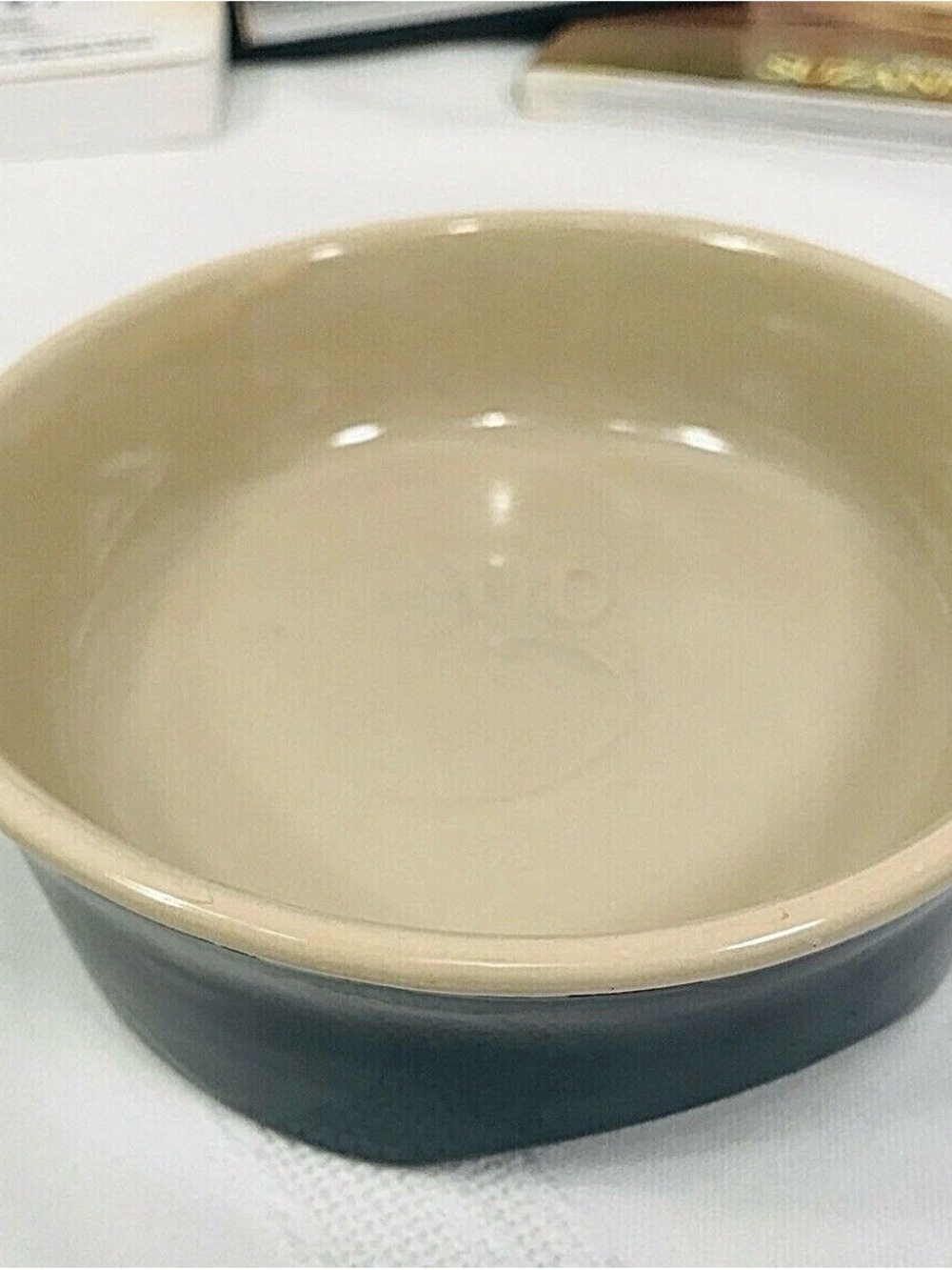 Travel Ceramic cat Pet Bowl green & tame stoneware 6”